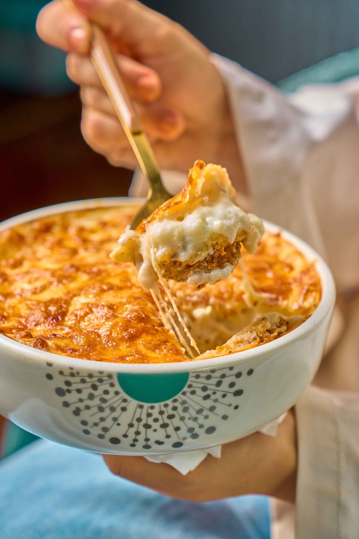 Chef-made bashamel served in a patterned bowl